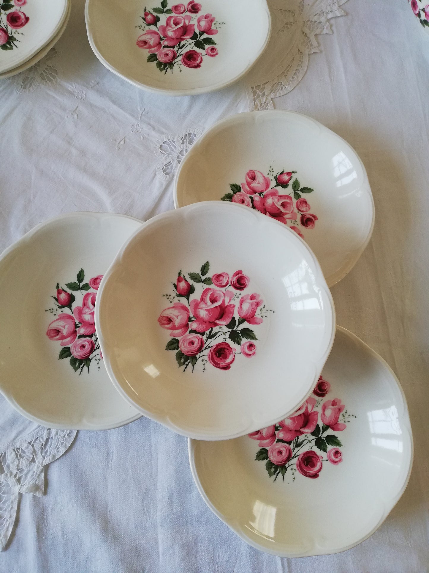 6 Assiettes Creuses Gien décor bouquet de roses