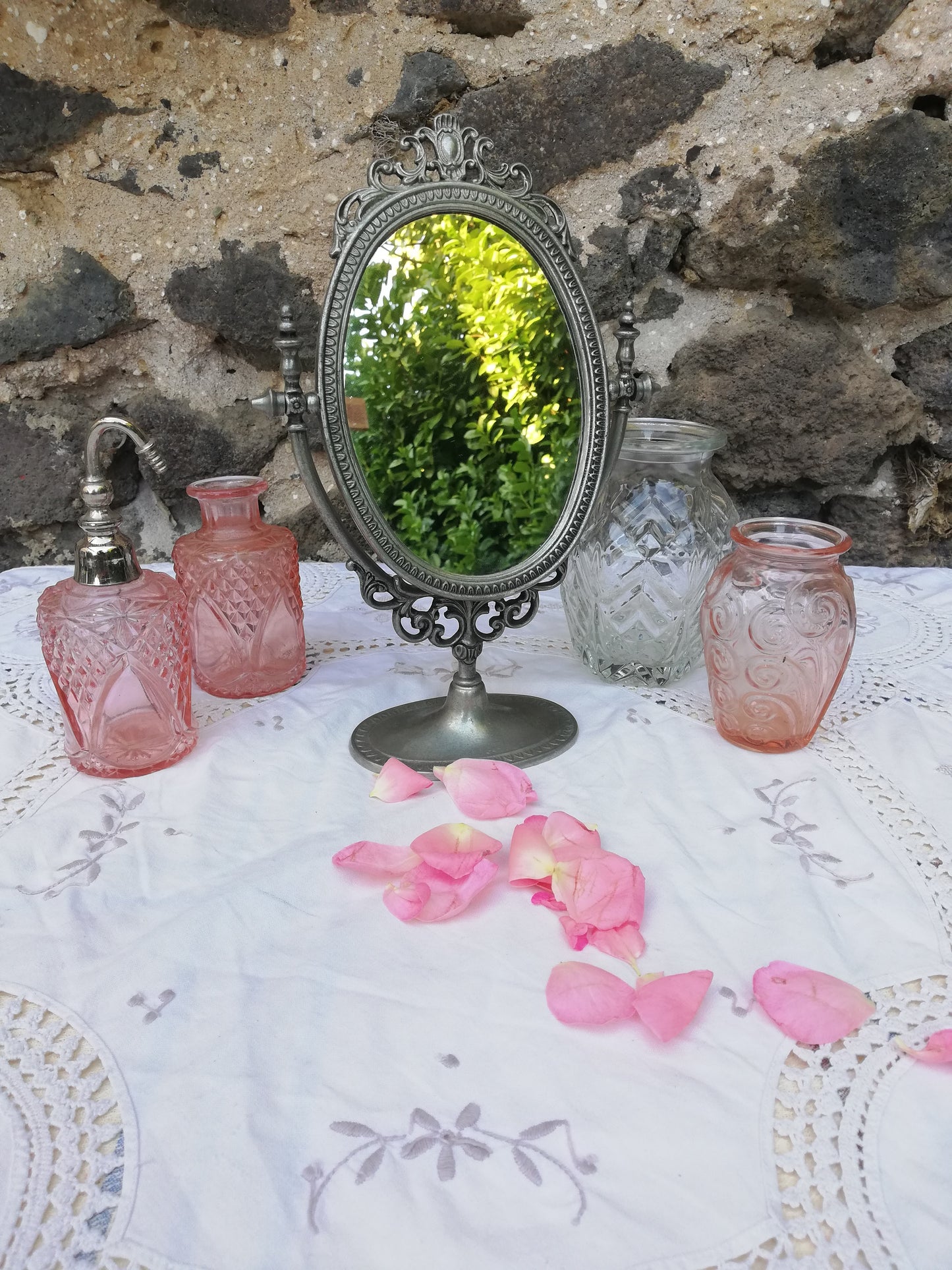 Mirroir psyche vintage en etain