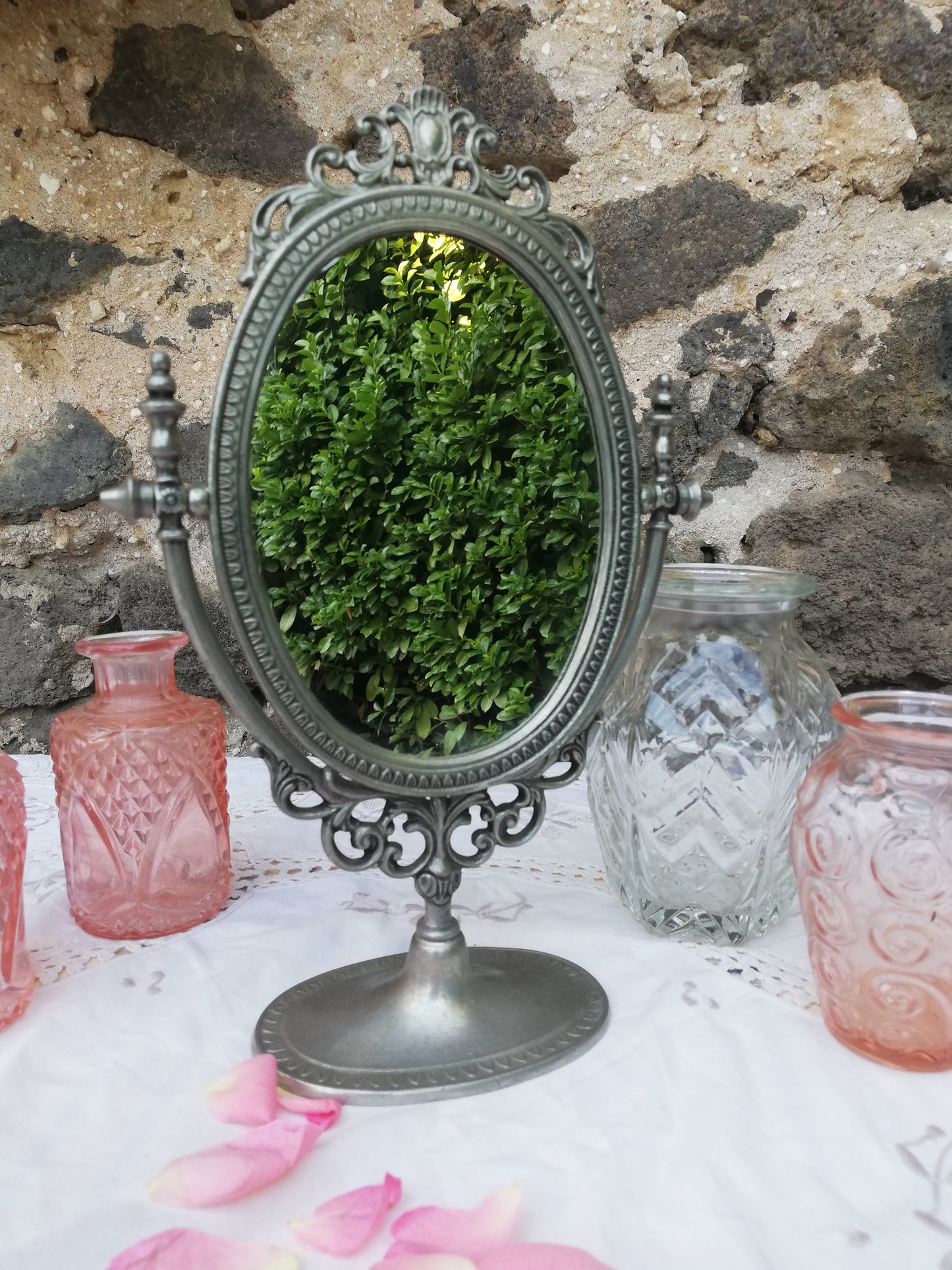 Mirroir psyche vintage en etain