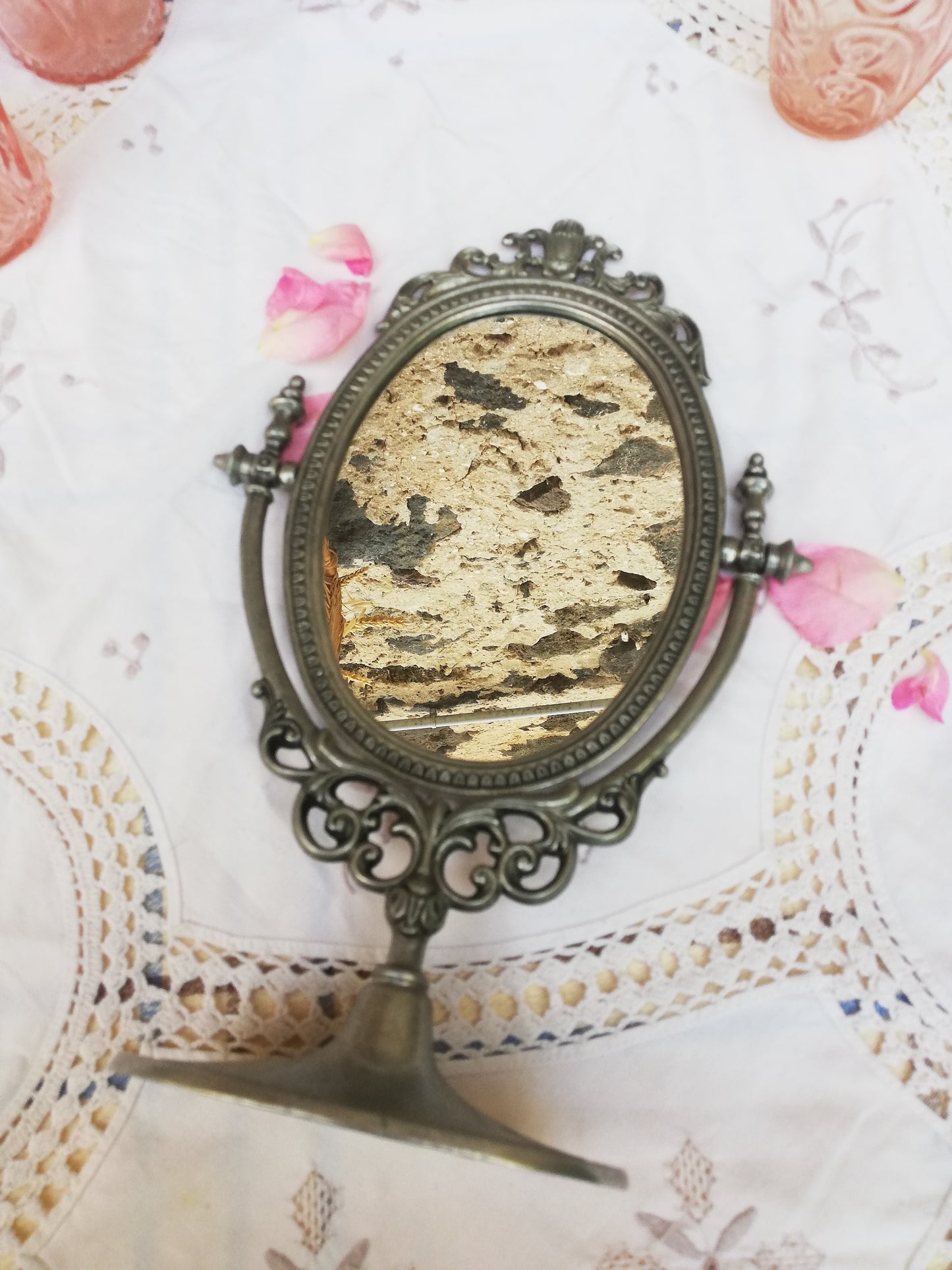 Mirroir psyche vintage en etain