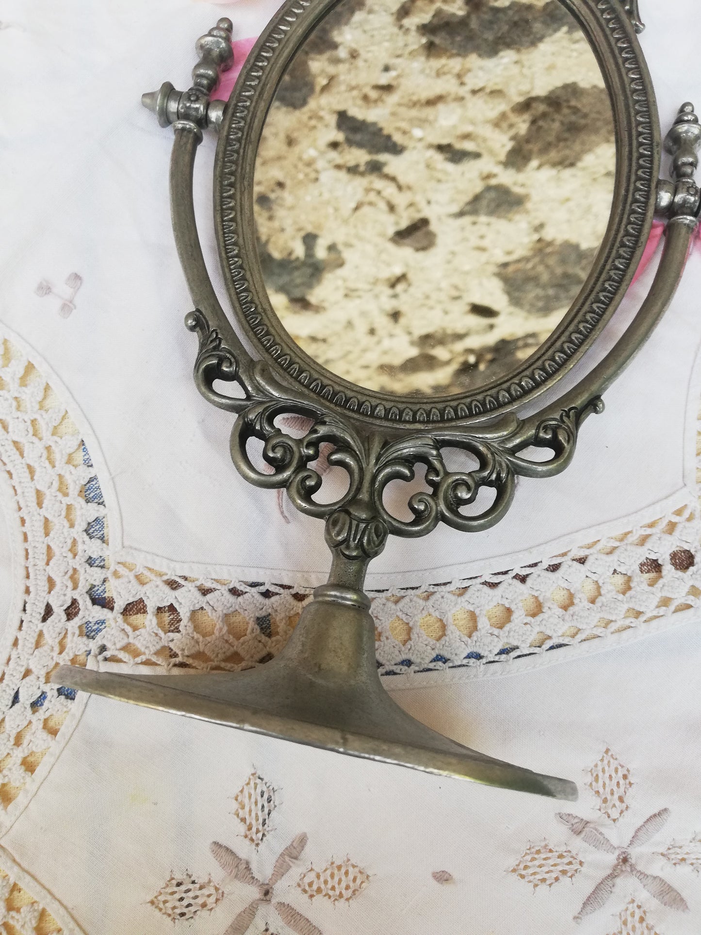 Mirroir psyche vintage en etain