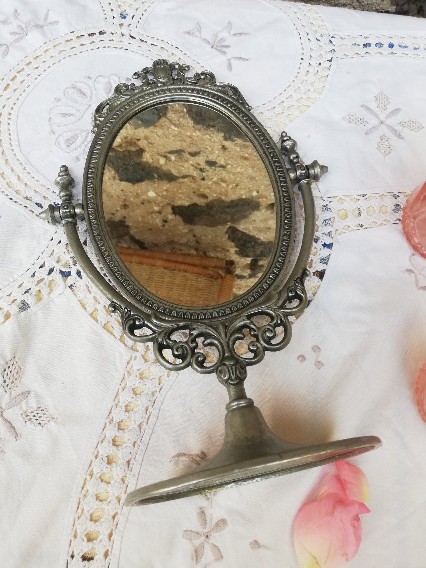 Mirroir psyche vintage en etain