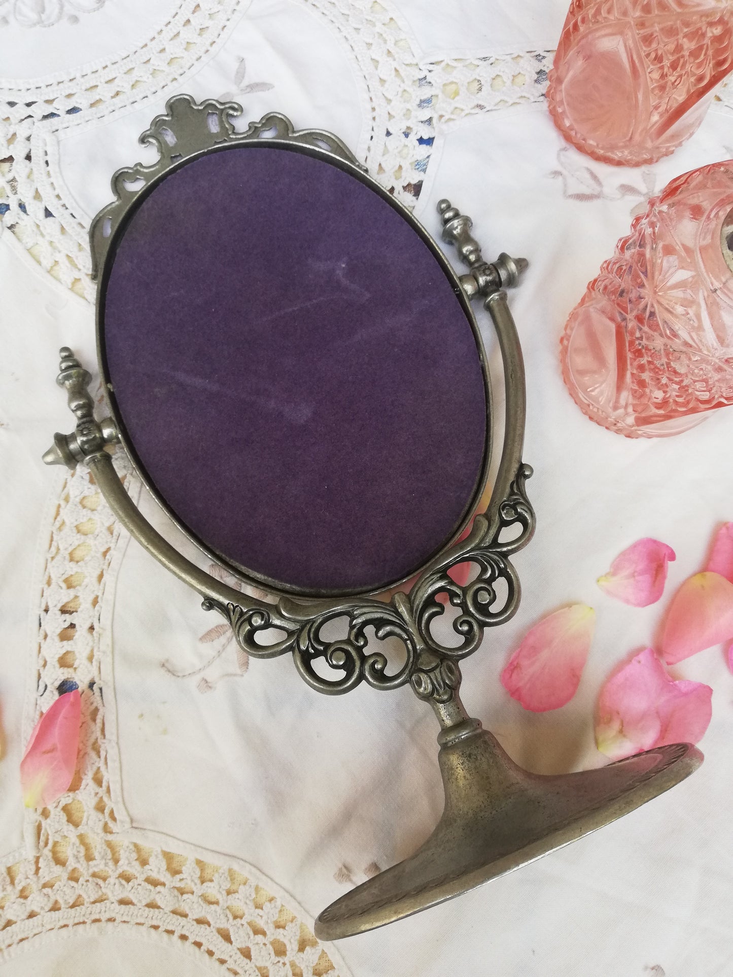 Mirroir psyche vintage en etain