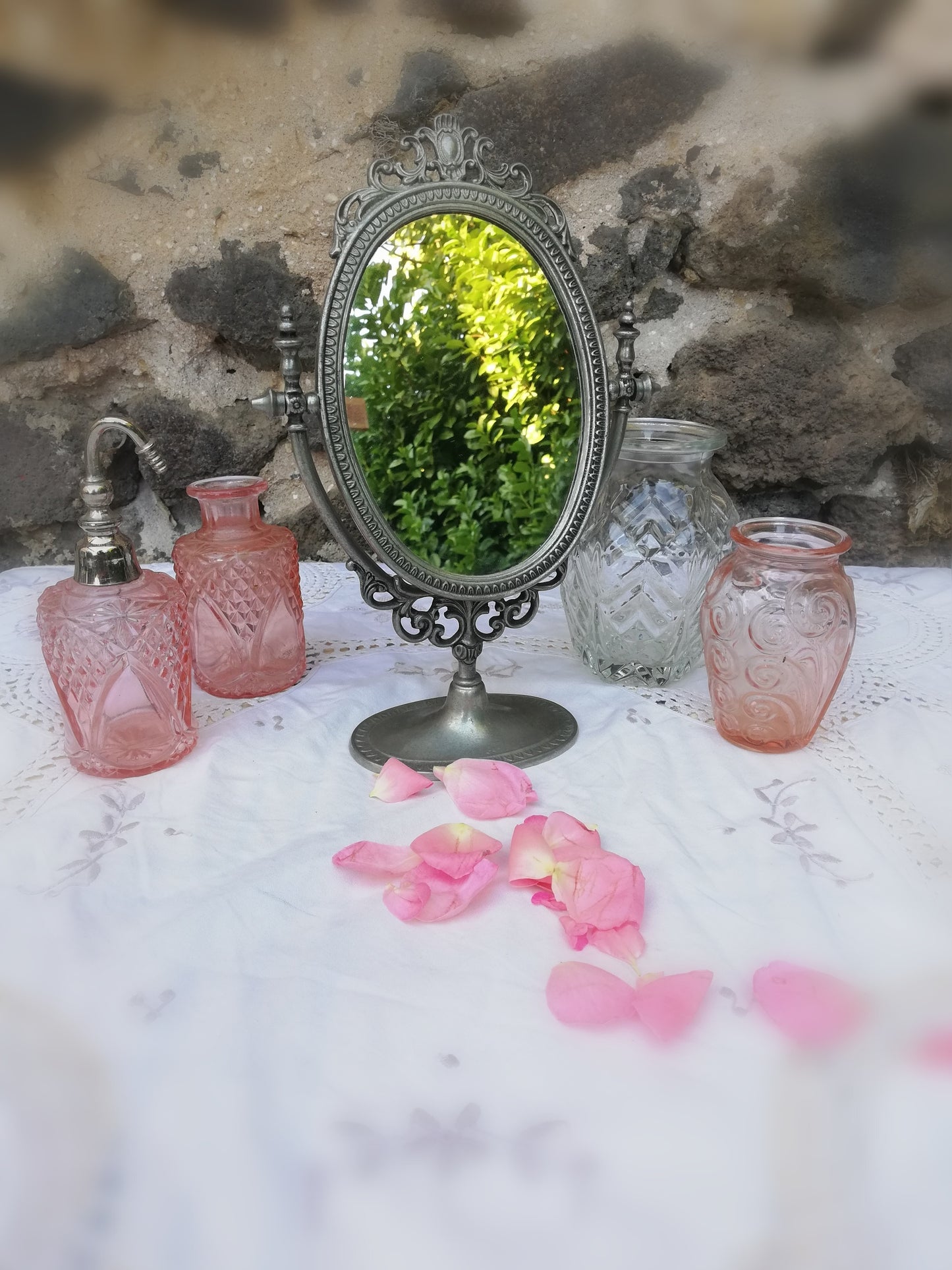 Mirroir psyche vintage en etain