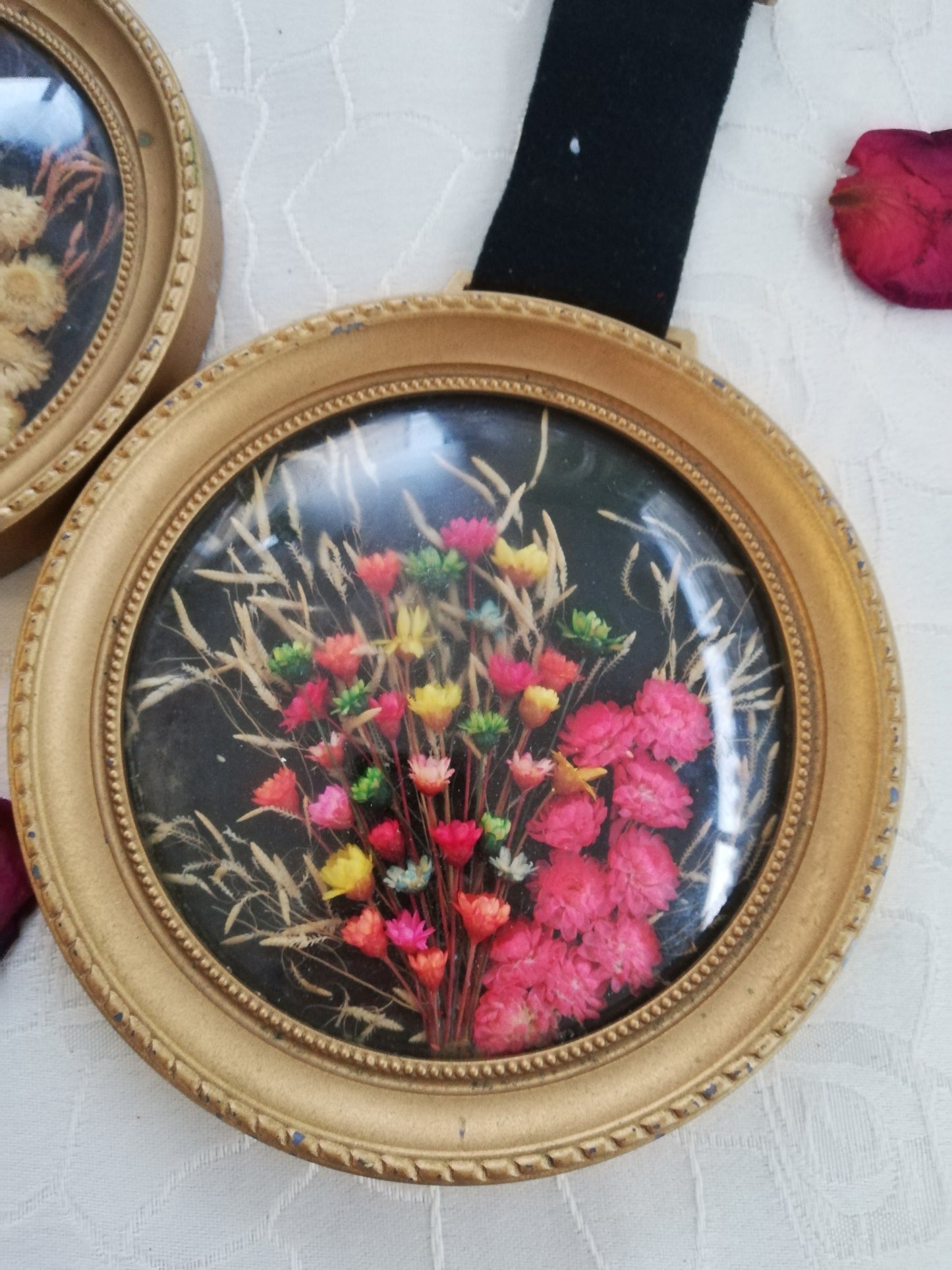 Set de 2 Cadres Vintage Fleurs sechées et verre bombée