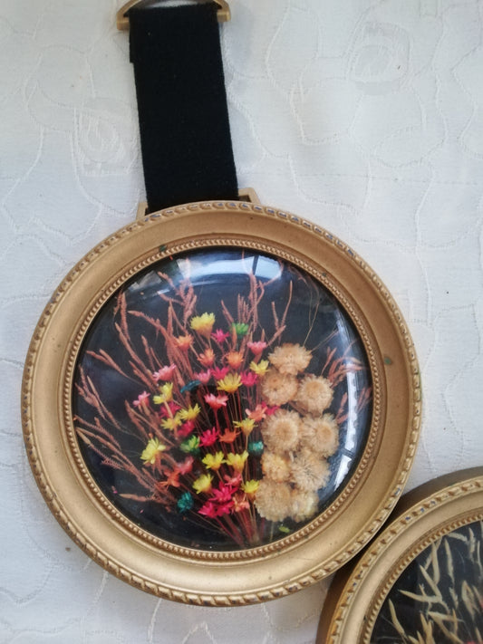 Set mit 2 Vintage-Rahmen aus getrockneten Blumen und gebogenem Glas